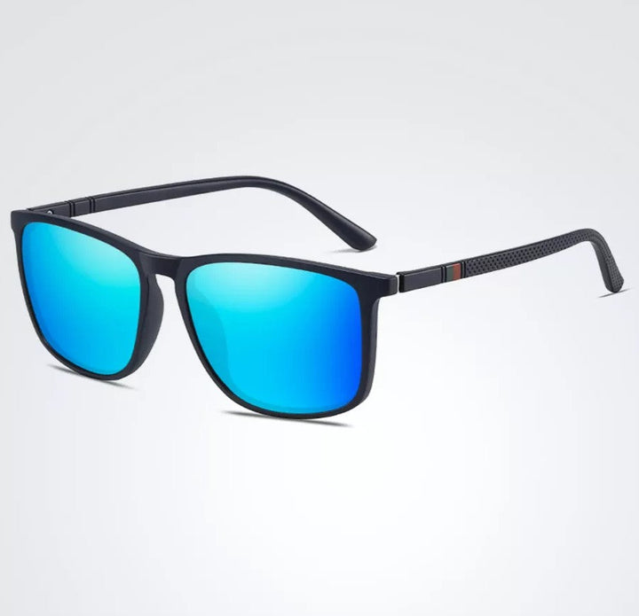Schwarze Sonnenbrille mit blauen verspiegelten Gläsern, modisch, UV-Schutz, Unisex-Design.