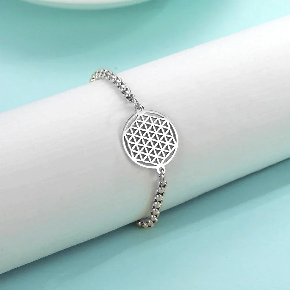 Silberarmband mit Lebensblume-Anhänger, geometrisches Design, Damen-Schmuck, Geschenkidee.