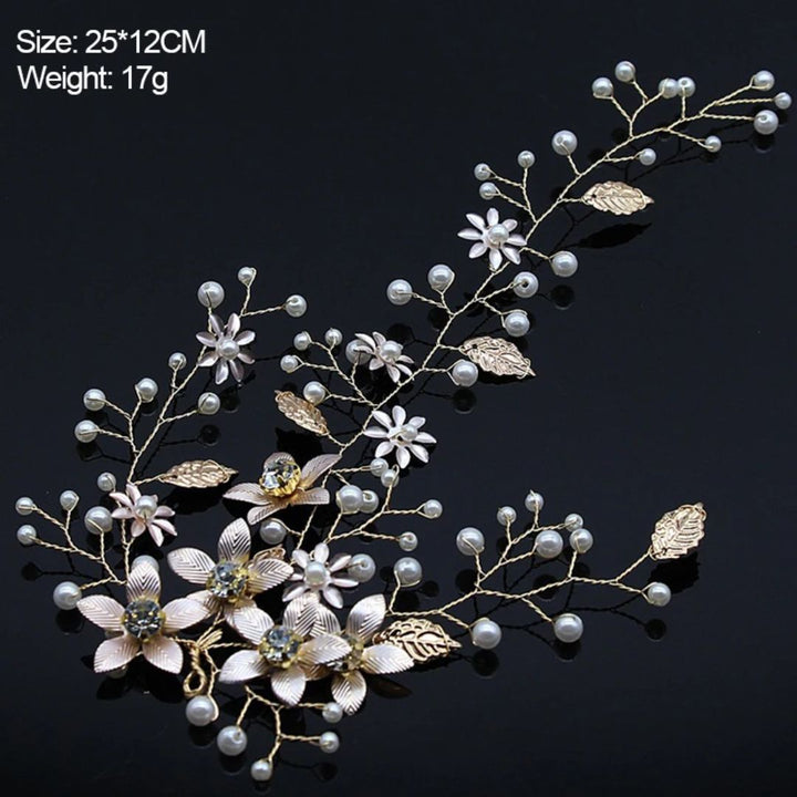 Goldene Haarspange mit Perlen und Blumen, Brautschmuck, 25x12cm, 17g, elegant, Hochzeit Accessoire.