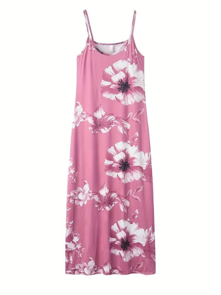 Rosa Maxikleid mit weißen Blumen, ärmellos, Sommermode, Damenbekleidung, elegant.