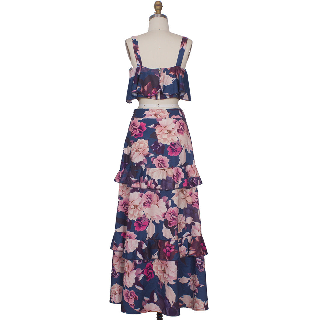 Zweiteiliges Blumenkleid, blau-rosa, ärmellos, Rüschen, Sommermode, Damenbekleidung.