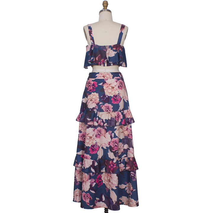 Zweiteiliges Blumenkleid, blau-rosa, ärmellos, Rüschen, Sommermode, Damenbekleidung.