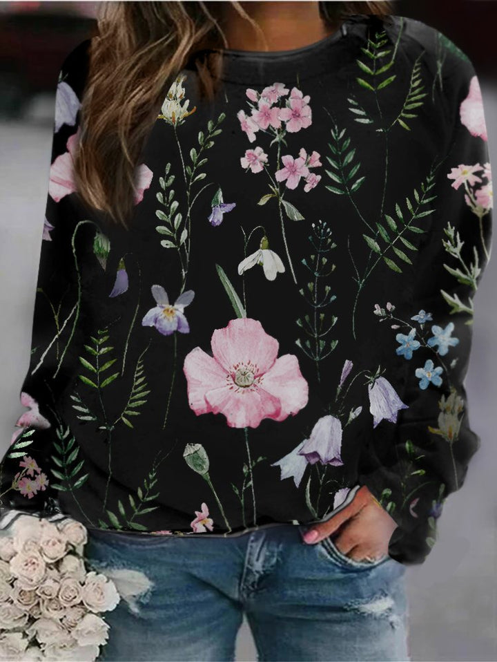 Damenpullover mit Blumenmuster, schwarz, langärmelig, lässig, Baumwolle, modisch.