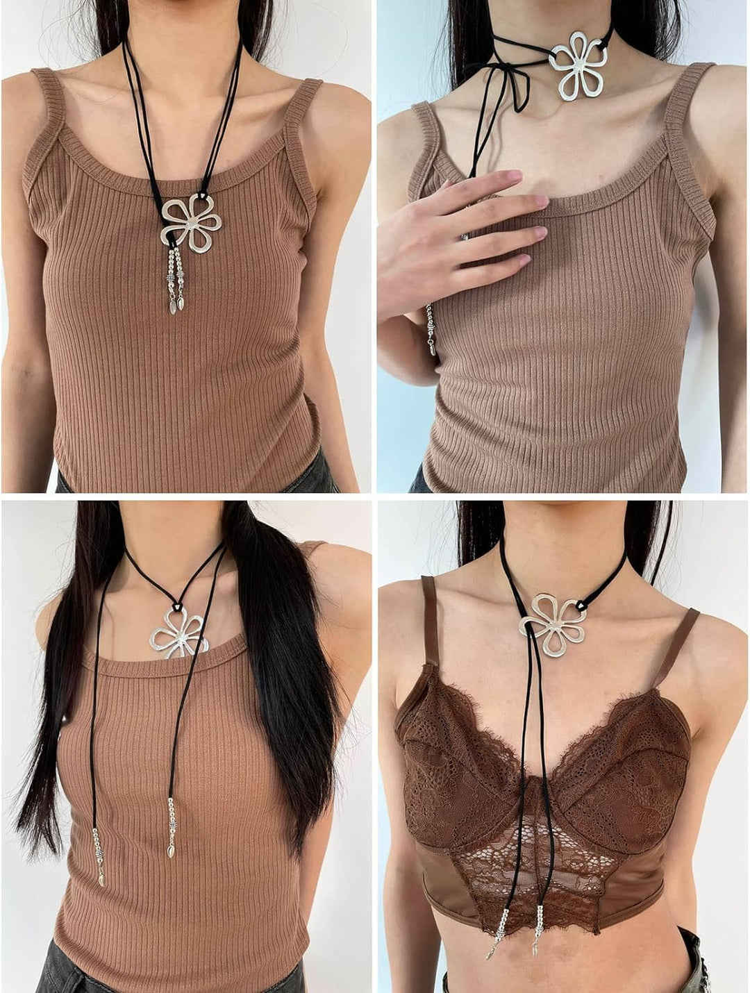 Damen Halskette mit Blumenanhänger, schwarz, verstellbar, modisch, elegant, Schmuckaccessoire.