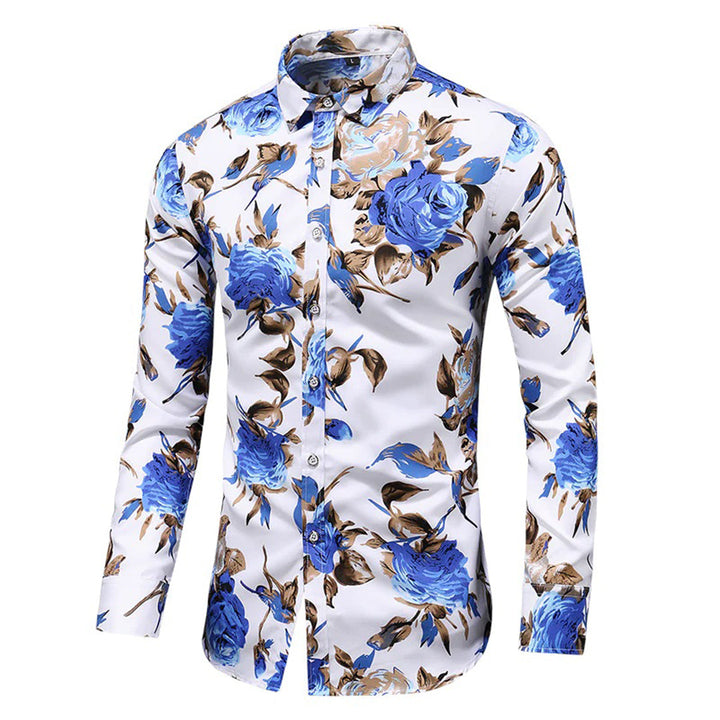 Herrenhemd mit blauem Blumenmuster, langärmelig, weißer Hintergrund, modisch, elegant.