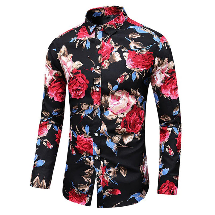 Herrenhemd mit Blumenmuster, schwarz, rot, blau, langärmelig, modisch, Freizeitkleidung.