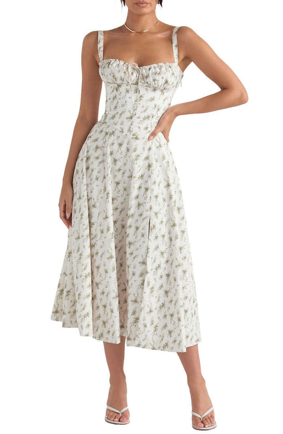 Feminines weißes Blumenkleid, Bustier-Stil, knielang, Sommermode, Damenbekleidung.