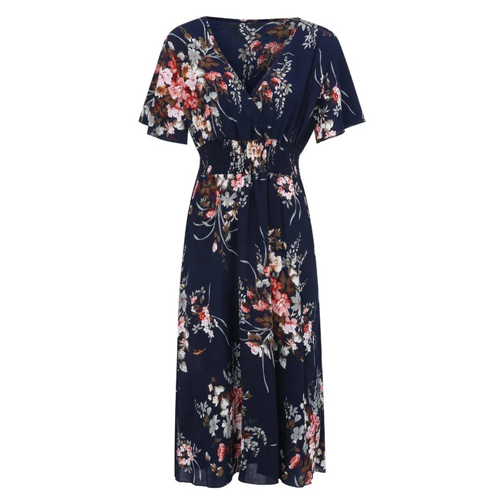 Dunkelblaues Blumenkleid, V-Ausschnitt, kurze Ärmel, Sommermode, Damenbekleidung.