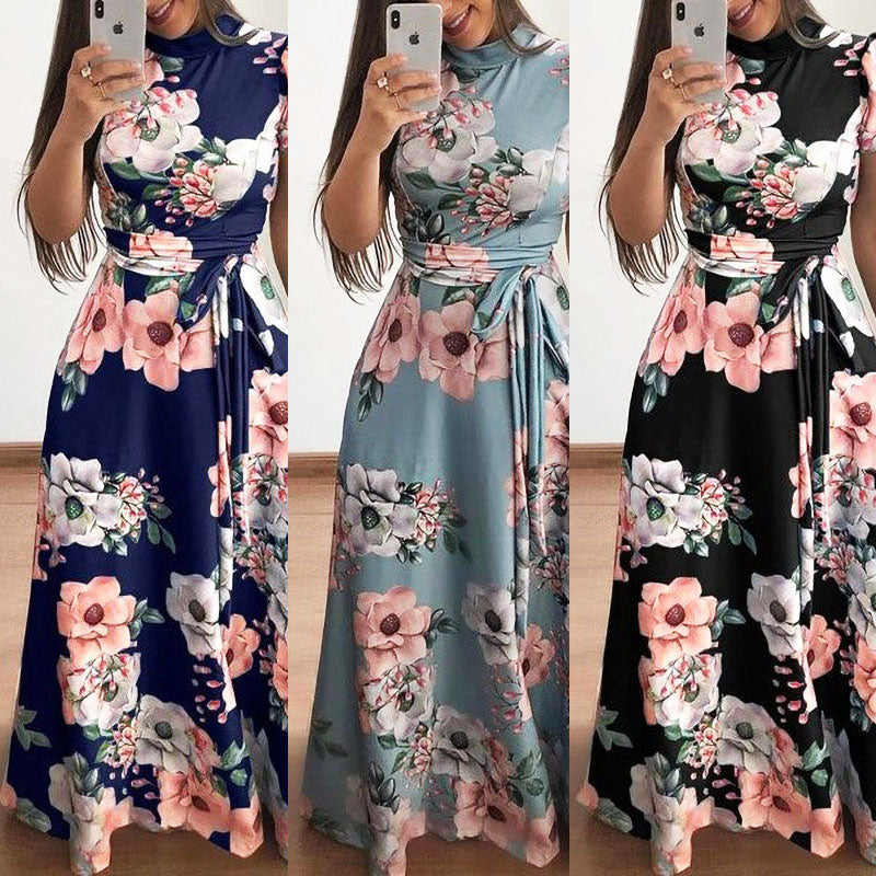 Damen Maxikleid mit Blumenmuster in Blau, Grau und Schwarz, ärmellos, elegantes Design.