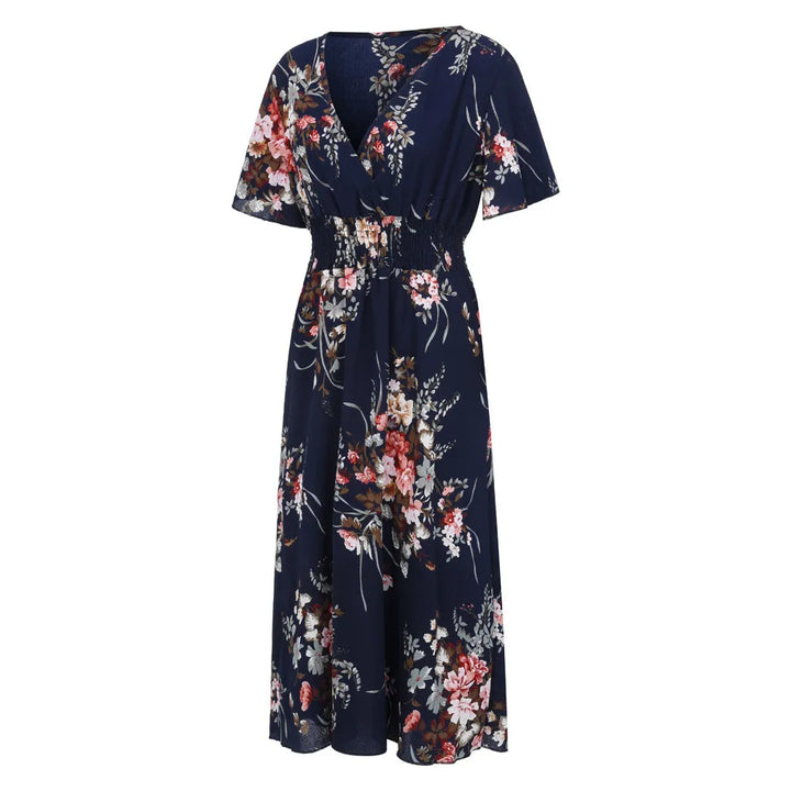 Dunkelblaues Damenkleid mit Blumenmuster, V-Ausschnitt, kurze Ärmel, Sommermode.