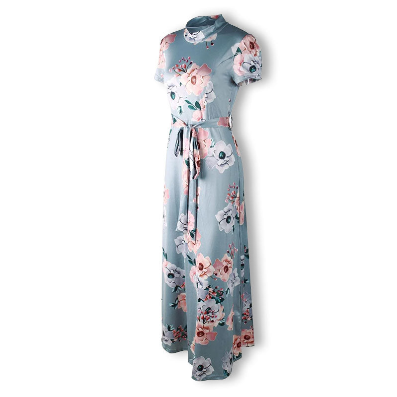 Hellblaues Maxikleid mit Blumenmuster, Kurzarm, Taillengürtel, Damenmode, Sommerkleid.