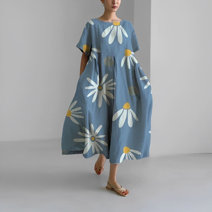 Damenkleid mit Blumenmuster, blau, kurzärmelig, lässig, Baumwolle, Herbstmode.