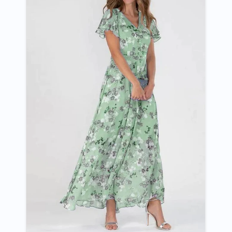 Grünes Maxikleid mit Blumenmuster, V-Ausschnitt, kurze Ärmel, elegantes Sommerkleid.