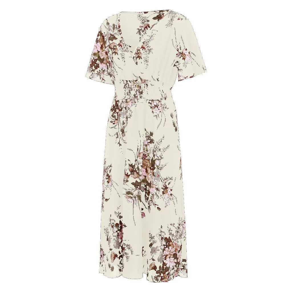 Weißes Maxikleid mit Blumenmuster, V-Ausschnitt, kurze Ärmel, Sommermode, Damenkleidung.