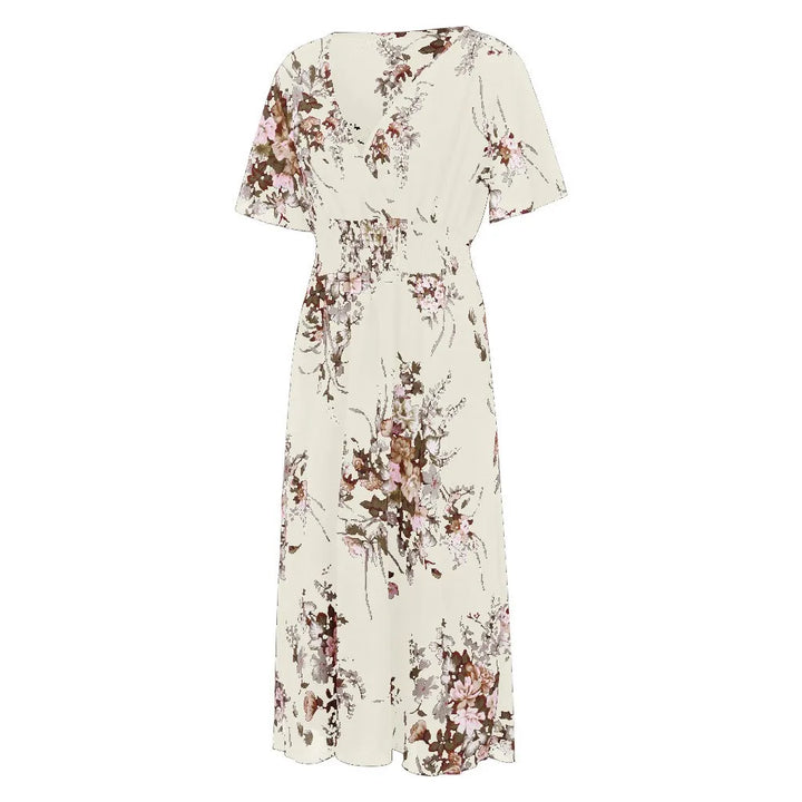 Weißes Maxikleid mit Blumenmuster, V-Ausschnitt, kurze Ärmel, Sommermode, Damenkleidung.