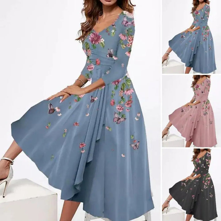 Damenkleid mit Blumenmuster, langärmelig, V-Ausschnitt, in Blau, Rosa, Schwarz.