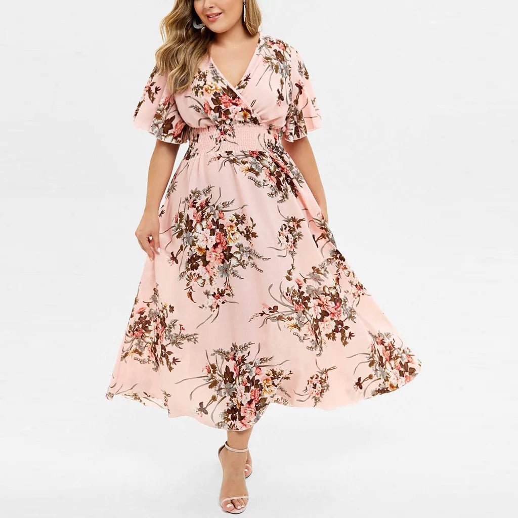 Damen Sommerkleid, rosa, florales Muster, V-Ausschnitt, kurze Ärmel, knielang, elegant.