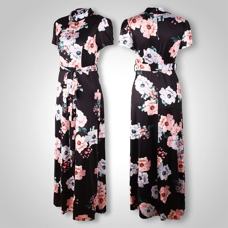 Schwarzes Maxikleid mit rosa Blumenmuster, kurzärmelig, Gürtel, Damenmode, elegant.