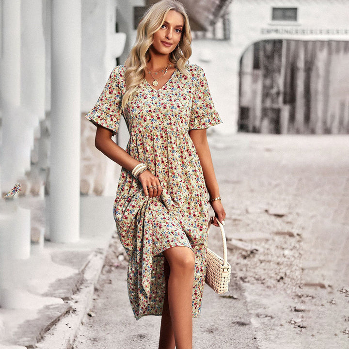 Blumenkleid Damen, Sommer, V-Ausschnitt, kurzärmelig, geblümt, Freizeit, modisch, elegant