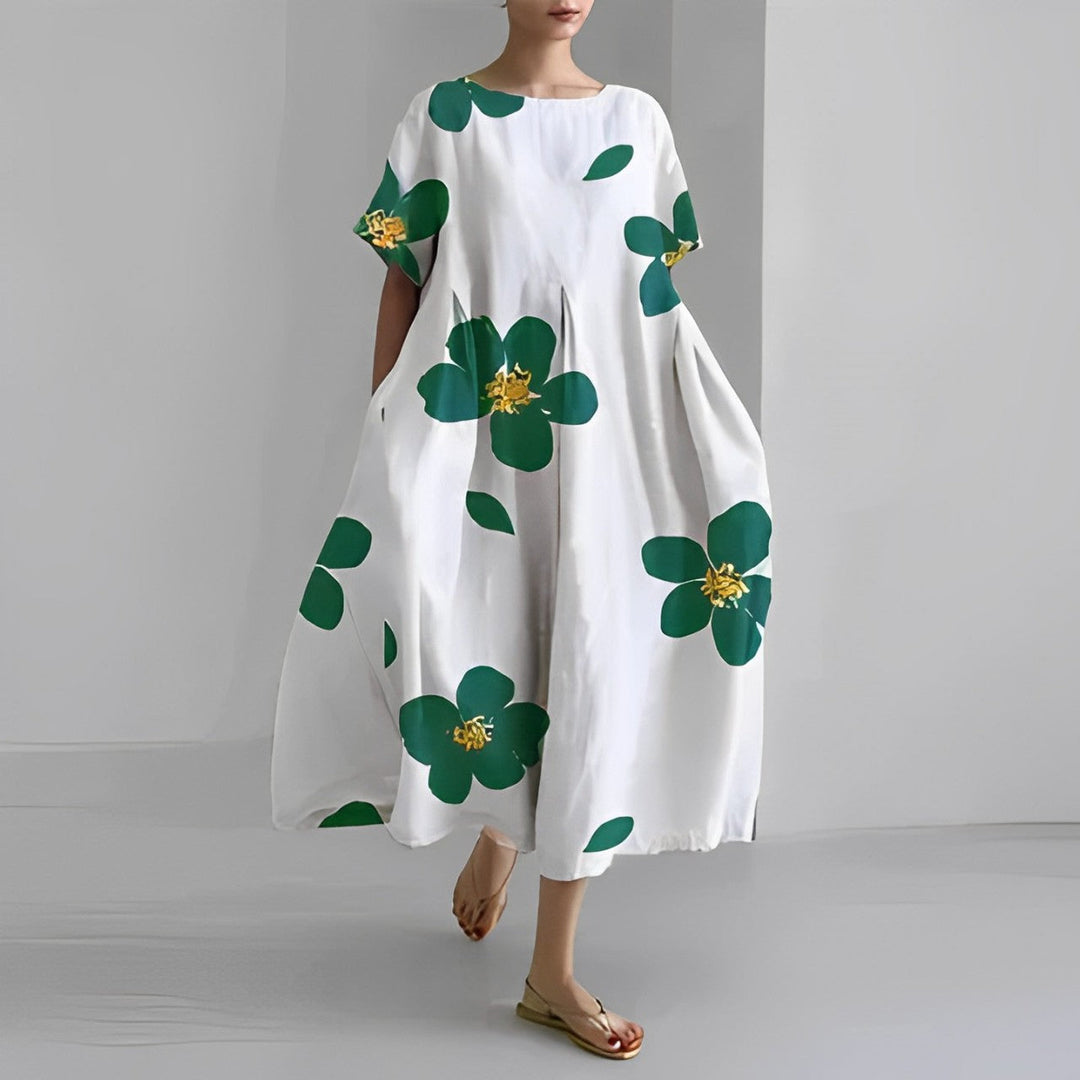 Weißes Maxikleid mit grünen Blumen, Damenmode, Sommerkleid, lässig, elegant, Baumwolle.