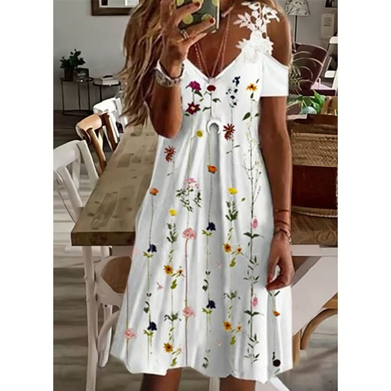 Weiße Sommerkleid mit Blumenmuster, schulterfrei, Damenmode, Freizeitkleidung, Boho-Stil.