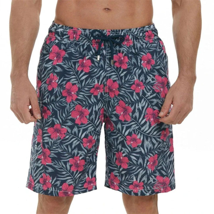 Herren-Badeshorts mit rosa Blumenmuster, blau, tropisches Design, Sommermode.