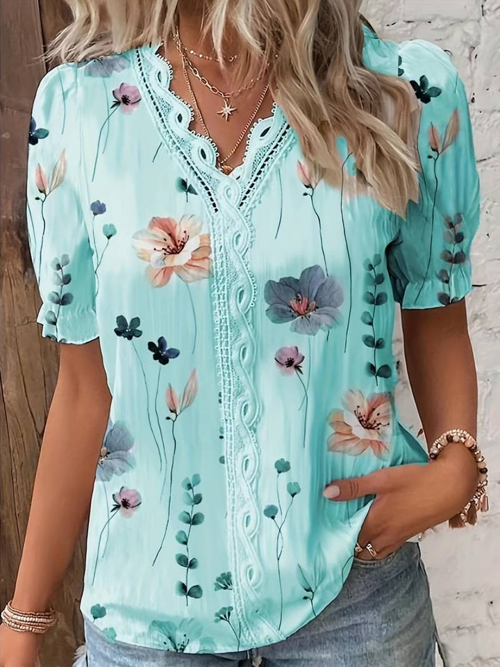 Damenbluse mit Blumenmuster, türkis, Spitze, Kurzarm, Sommermode, Freizeitkleidung
