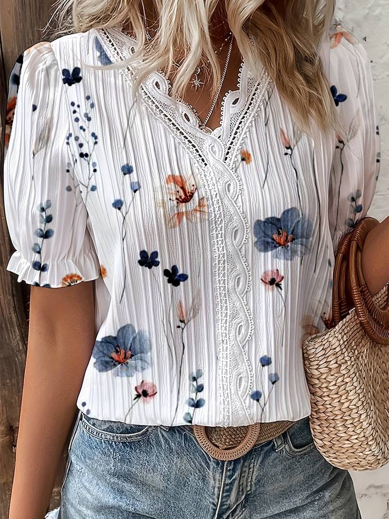 Damenbluse mit Blumenmuster, weiß, Spitze, Sommermode, kurzärmelig, lässig, elegant