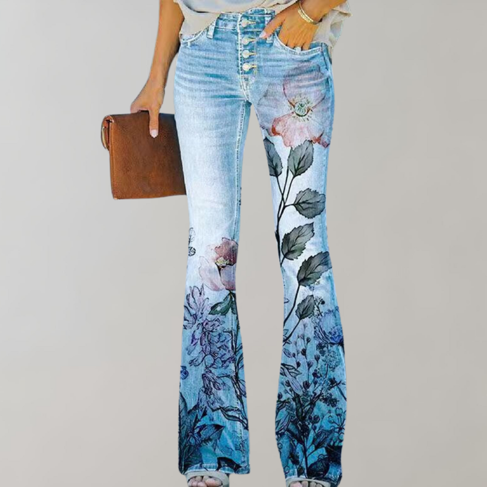 Damen-Jeans mit Blumenmuster, hellblau, ausgestellter Schnitt, Knopfleiste, modisch.
