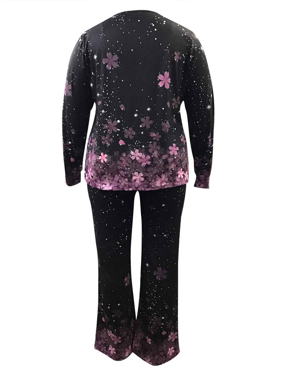 Damen Pyjama-Set, schwarz mit lila Blumenmuster, langärmelig, bequem, Nachtwäsche.