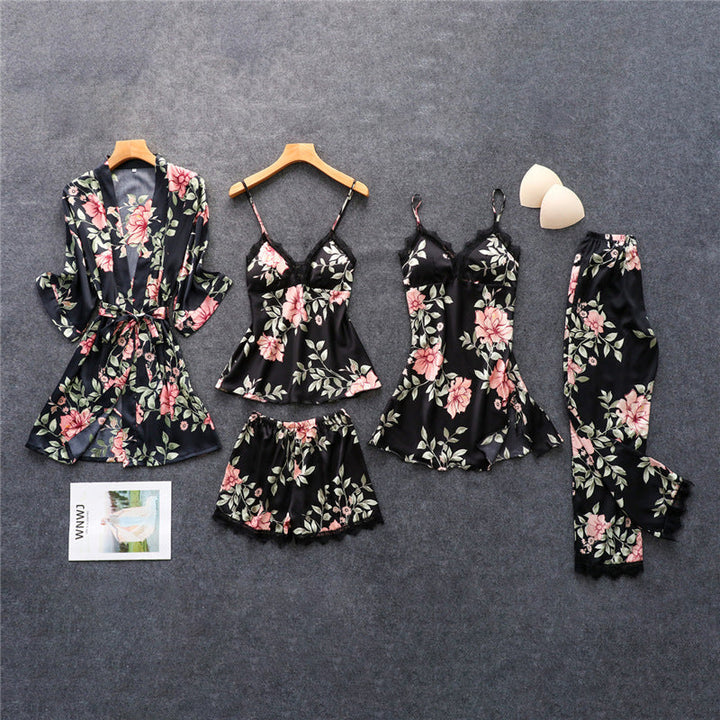 Schwarzes Pyjama-Set mit rosa Blumenmuster, Satin, Damen-Nachtwäsche, 5-teiliges Set.