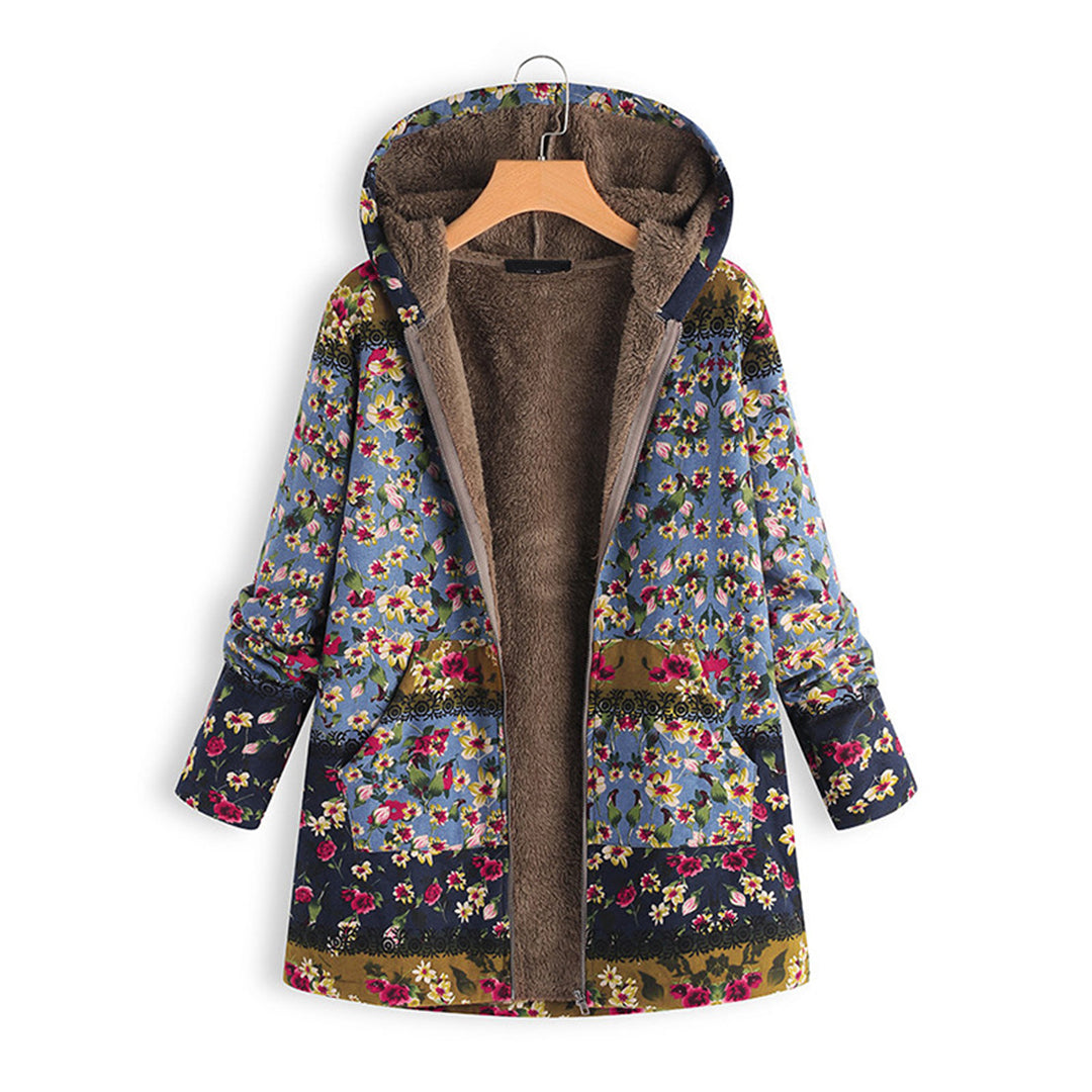 Damen-Langjacke mit Kapuze, florales Muster, Teddyfutter, blau, warm, modisch, Wintermantel.