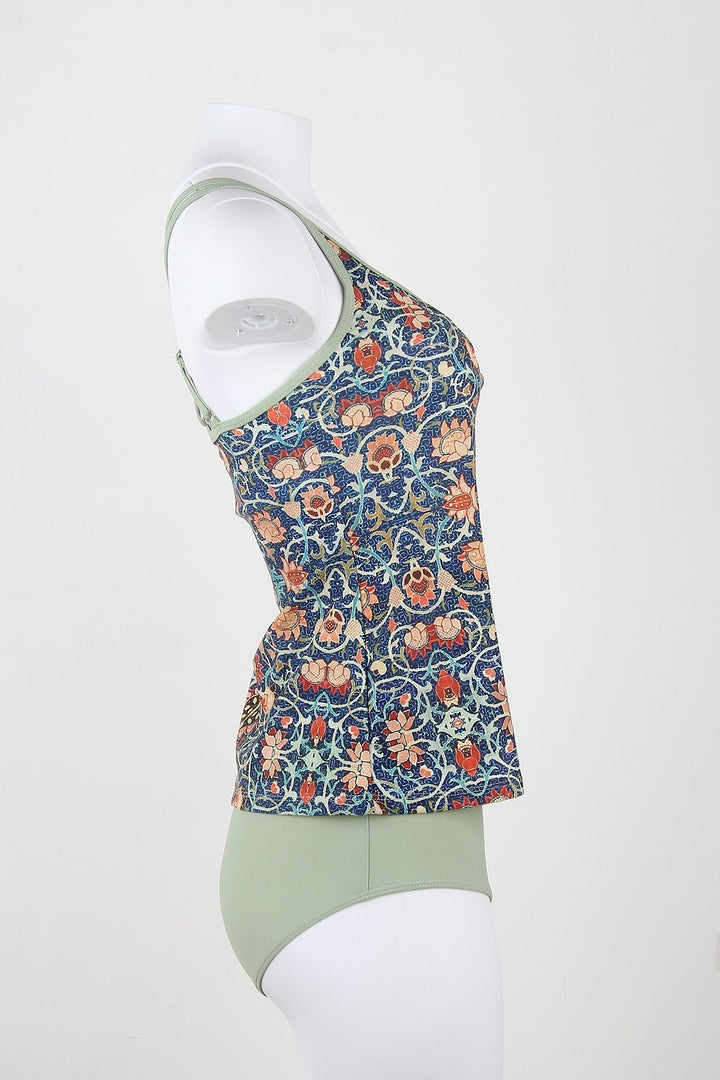 Damen-Top mit floralem Muster, ärmellos, blau-rot, Baumwolle, seitliche Ansicht.