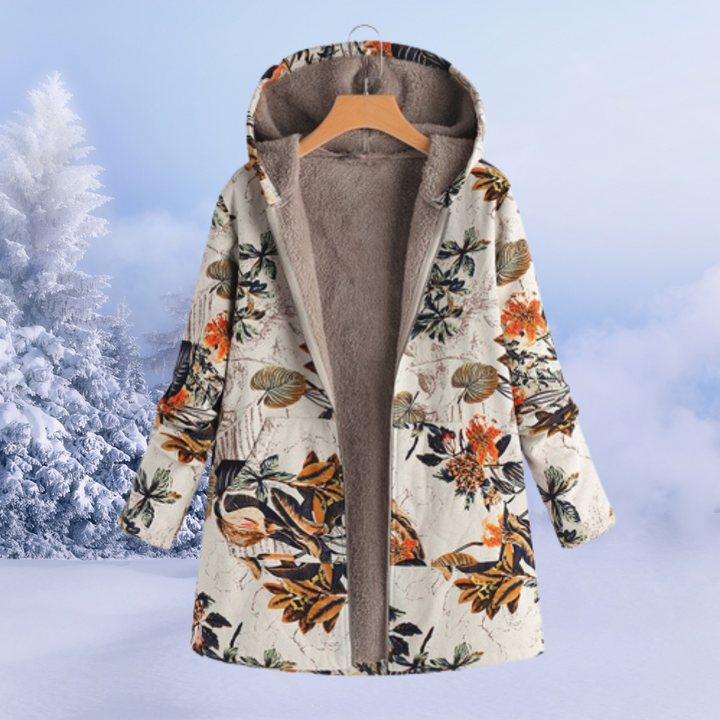 Damen Wintermantel mit Blumenmuster, Kapuze, warmes Futter, beige, Wintermode.