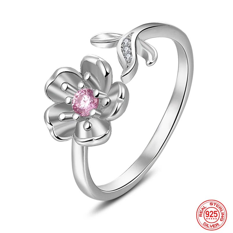 Silberring mit Blumenmotiv, rosa Zirkonia, 925 Sterling Silber, Damen Schmuck, elegant.