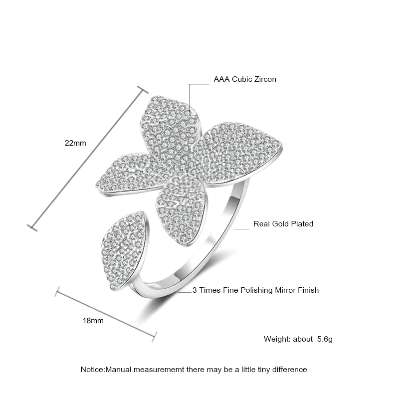Silberner Ring mit Blütenmotiv, AAA Zirkonia, vergoldet, poliert, 22mm, eleganter Schmuck.