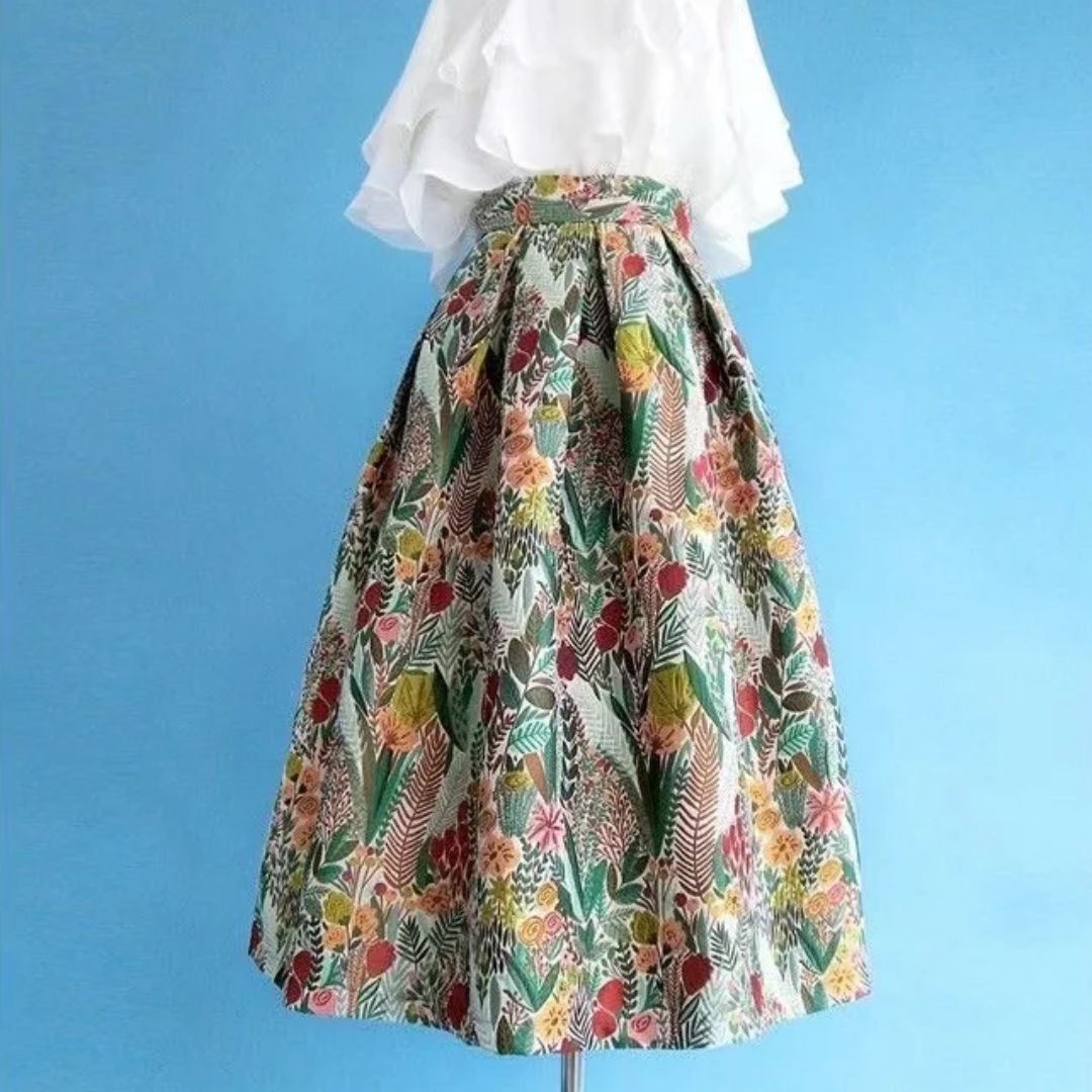 Bunter Blumenrock Damen, knielang, A-Linie, Sommermode, Baumwolle, geblümt, elegant