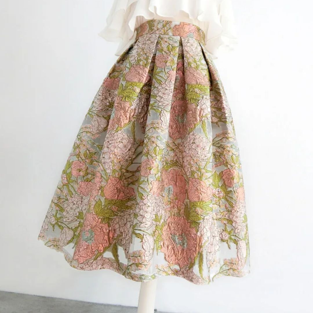 Blumenmuster Rock, A-Linie, pastellfarben, knielang, Damenmode, elegant, Frühling/Sommer.
