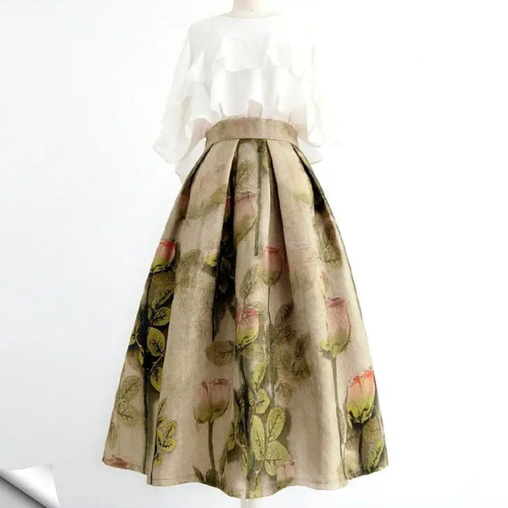 Eleganter Maxirock mit Blumenmuster, beige, aus Baumwolle, für Damenmode, Frühling/Sommer.