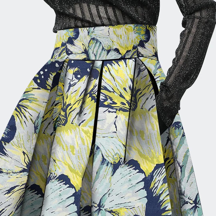 Damenrock mit gelbem Blumenmuster, hoher Bund, Falten, elegantes Design, Frühling/Sommermode.