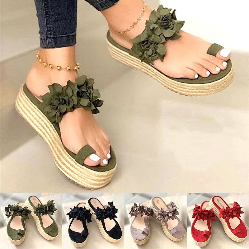 Damen Sandalen mit Blumen, Plateau, grün, rot, schwarz, beige, Sommermode, bequem, elegant.