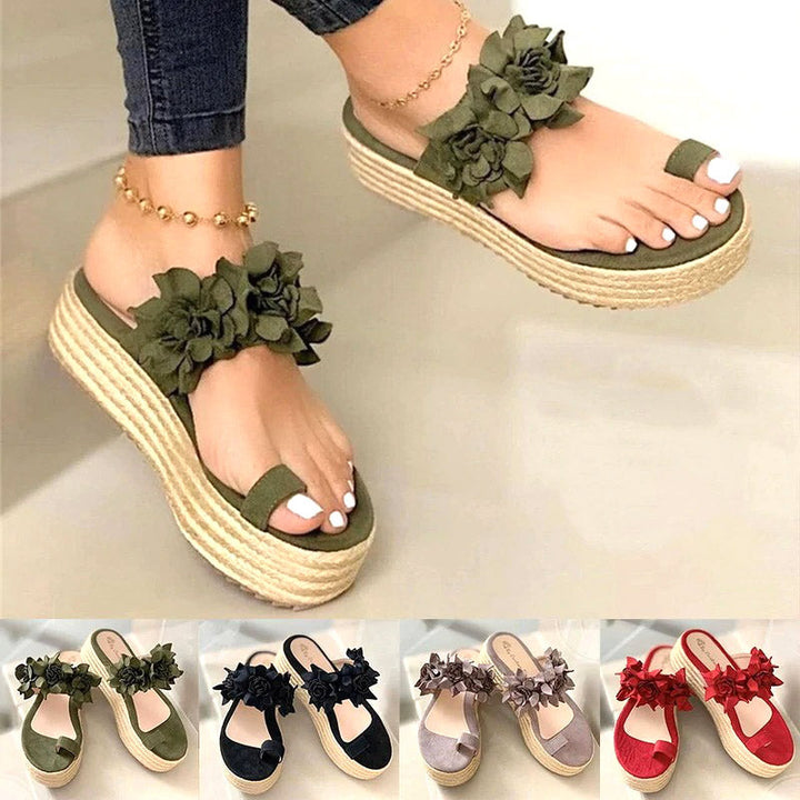 Damen Sandalen mit Blumen, Plateau, grün, rot, schwarz, beige, Sommermode, bequem, elegant.