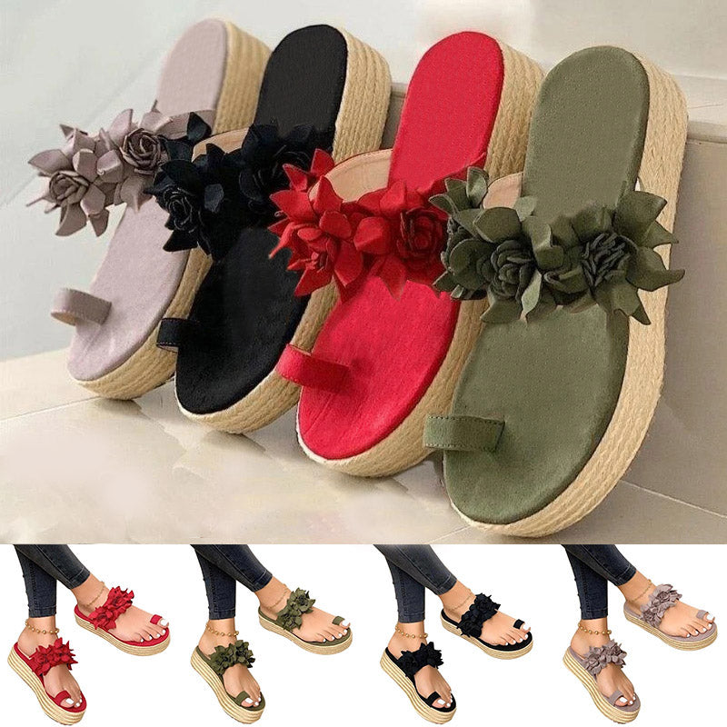 Damen Sandalen mit Blumen, Plateau, in Rot, Schwarz, Grün, Beige, Sommermode, bequem.