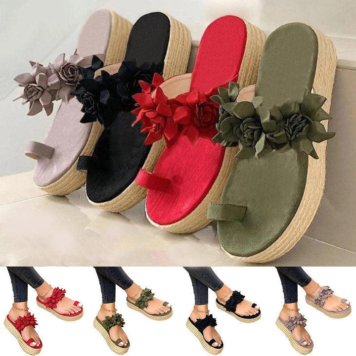 Damen Sandalen mit Blumen, Plateau, in Rot, Schwarz, Grün, Beige, Sommermode, bequem.