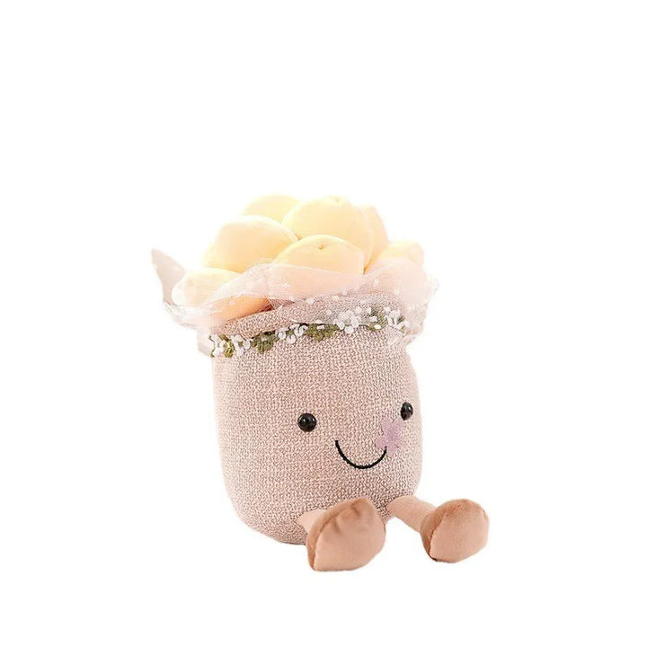 Kuscheltier Blumentopf mit gelben Blumen, lächelnd, aus Stoff, Dekoration, Geschenkidee.