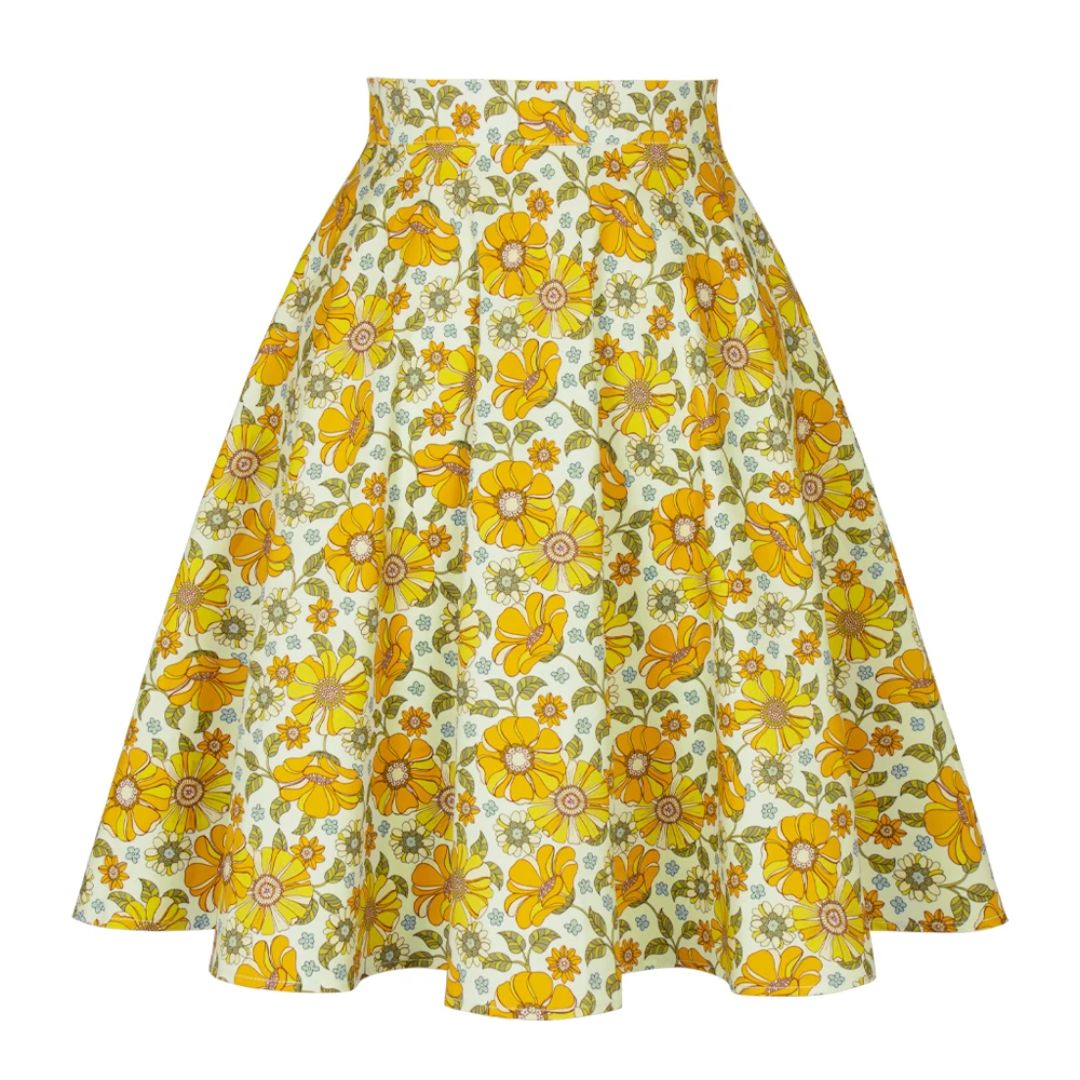 Gelber Blumenrock, A-Linie, Vintage-Stil, Baumwolle, Damenmode, Sommerkleidung, geblümt.