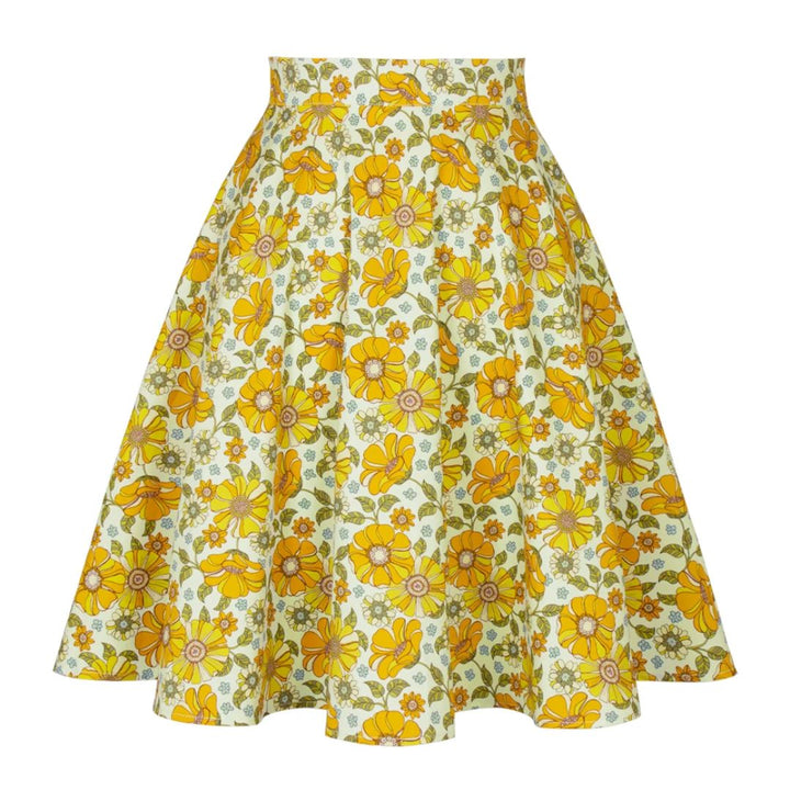 Gelber Blumenrock, A-Linie, Vintage-Stil, Baumwolle, Damenmode, Sommerkleidung, geblümt.