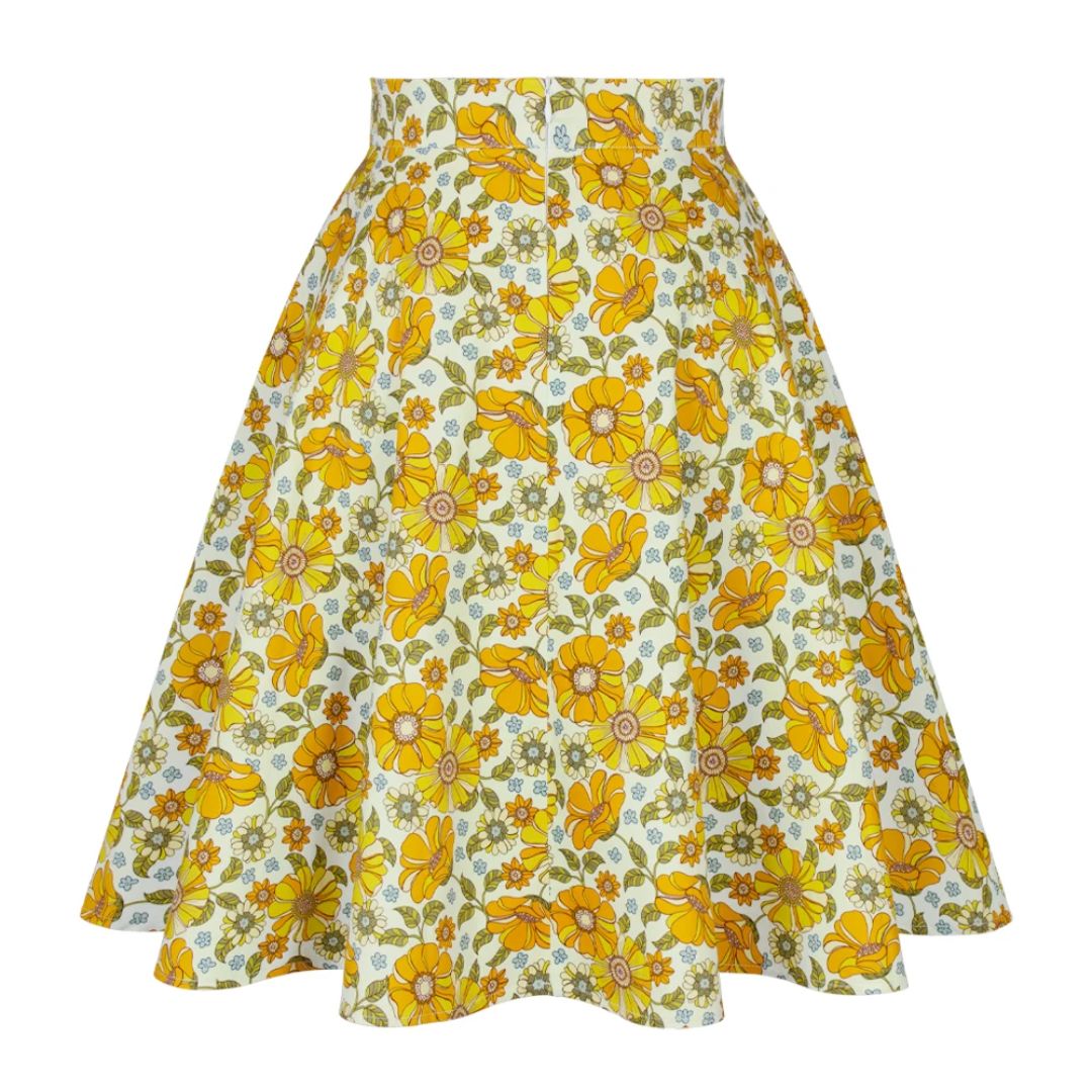 Gelber Blumenrock, A-Linie, Vintage-Stil, Baumwolle, Damenmode, Sommerkleidung, geblümt.