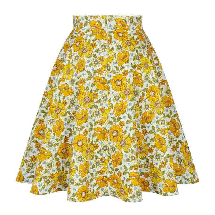 Gelber Blumenrock, A-Linie, Vintage-Stil, Baumwolle, Damenmode, Sommerkleidung, geblümt.