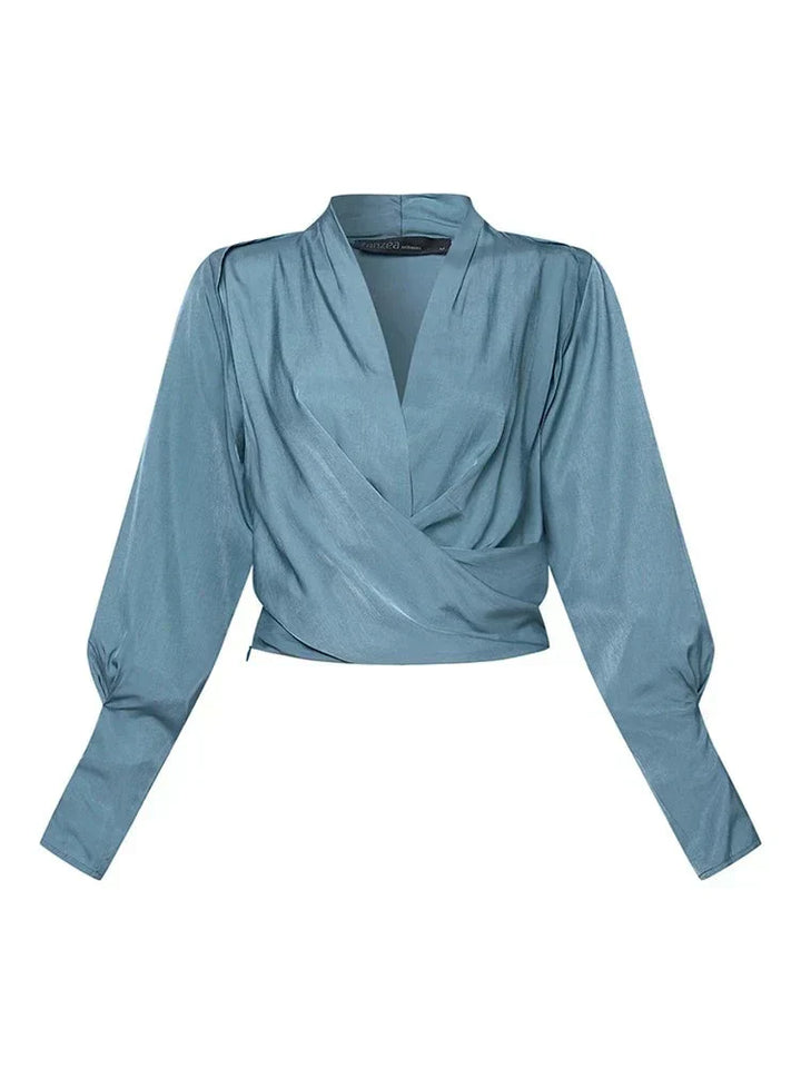 Blaue Damenbluse mit V-Ausschnitt, langen Puffärmeln, Wickeldesign, elegant, 2023 Mode.